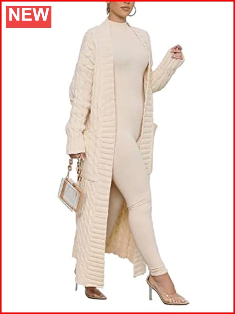 Women Open Front Chunky Cable Knit Long Cardigan with Pockets